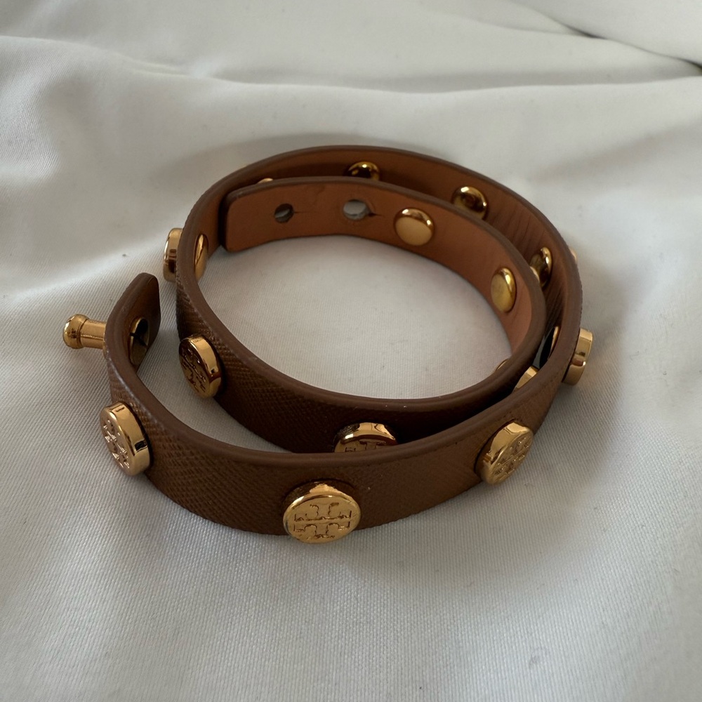 Tory Burch Brown Leather Wrap Bracelet with Gold Accents